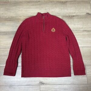 Lauren Ralph Lauren Cable Knit 1/4 Zip Sweater Women Small Red Crest Embroidery